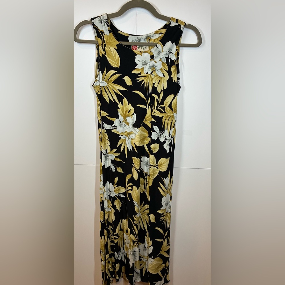 Hilo Hattie Hawaiian Aloha Sleeveless Black/Yellow Floral Midi Dress Size XS